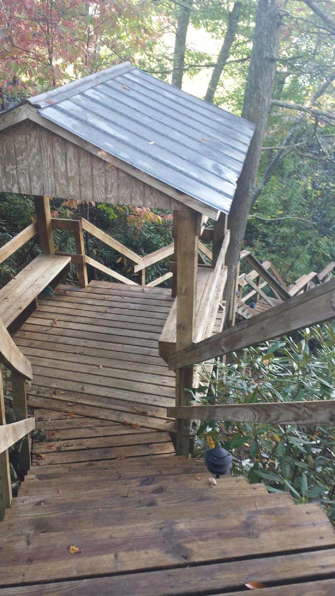 Metal roofed shelter over wooden steps on a wooded walkway — Skylight Repair & Installation work by our crew in Silver City